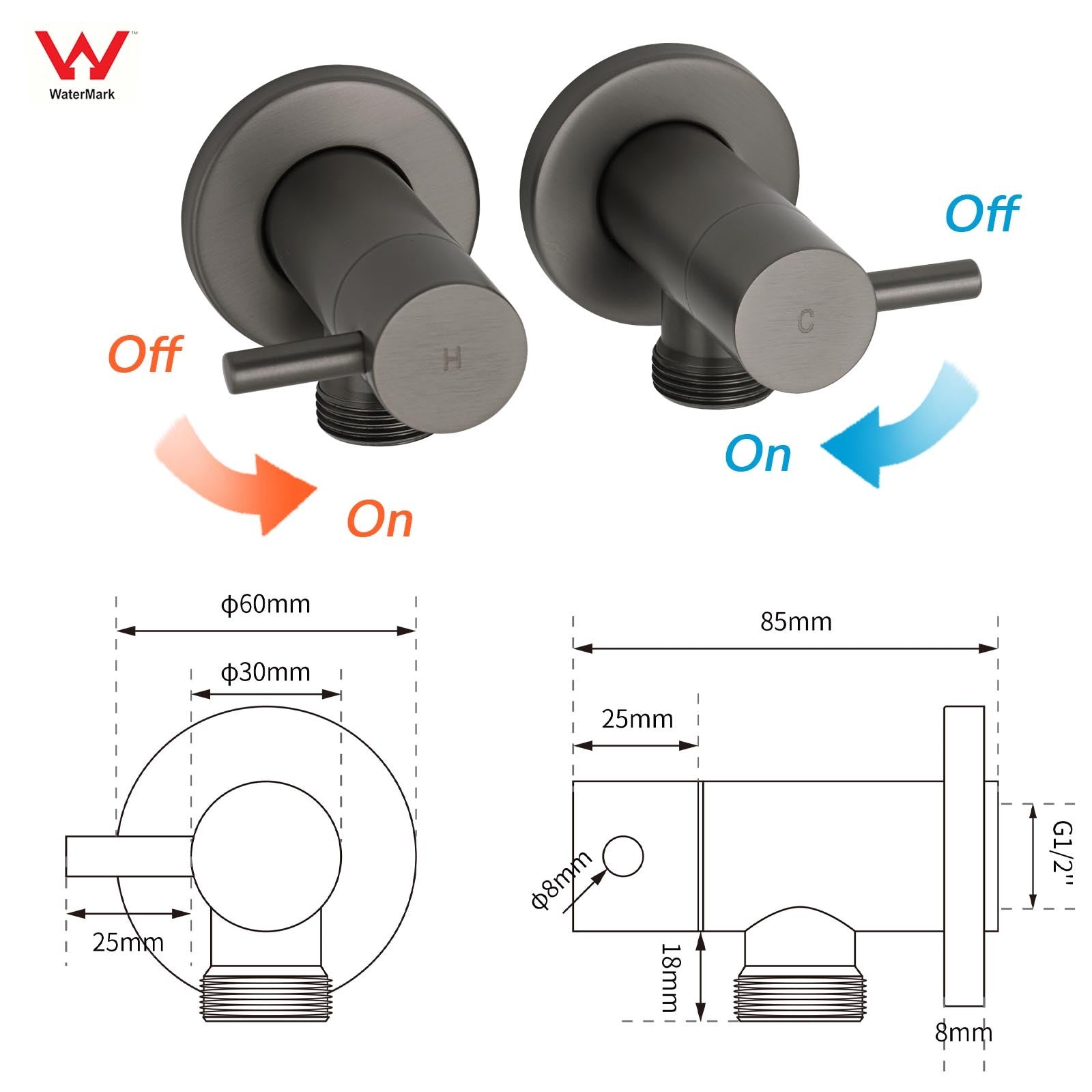 Gun Metal Grey Washing Machine 1/4 Turn Hot Cold Water Mixer Tap Set Watermark