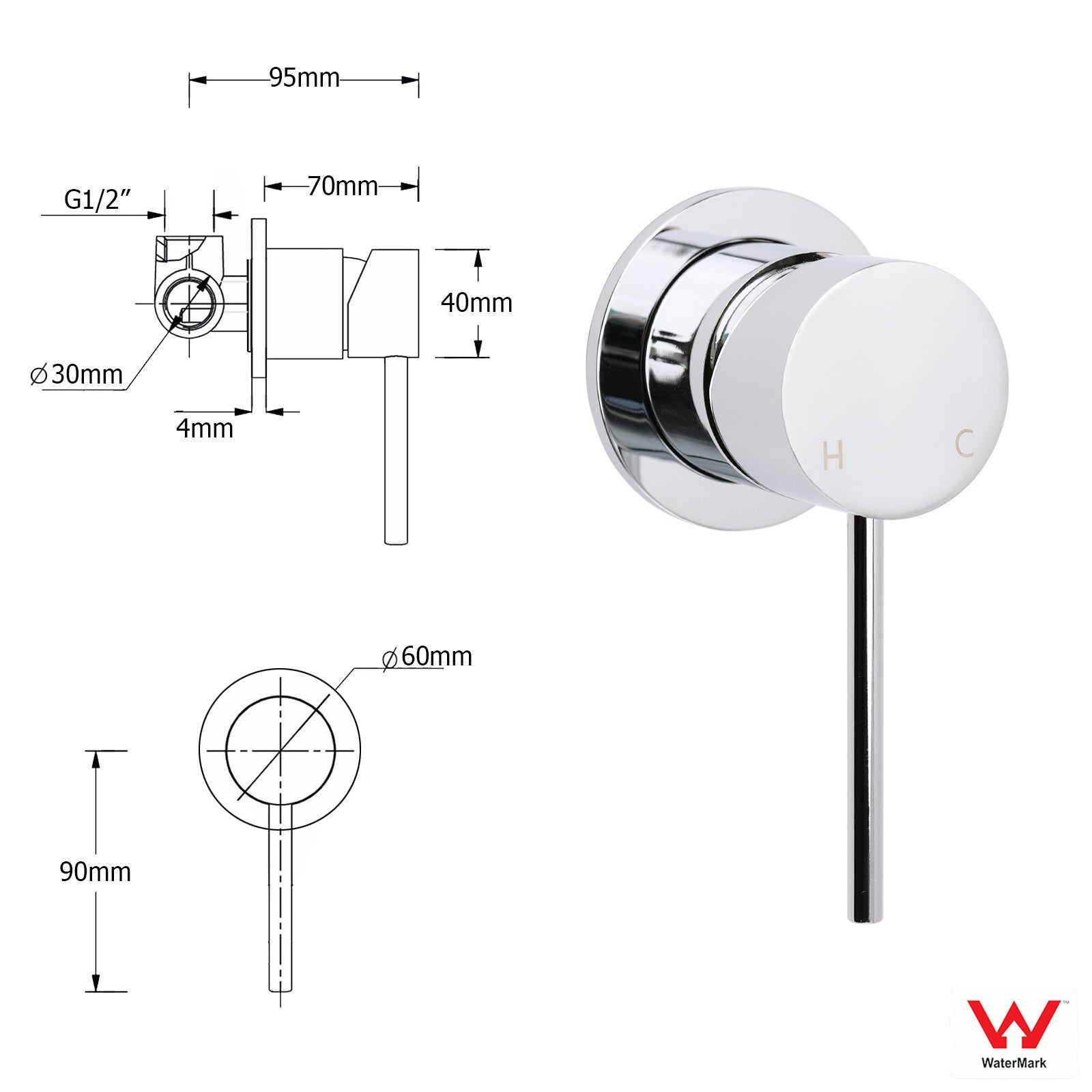 Bathroom Chrome Round Pin Lever Handle Hot Cold Water Tapware Shower Mixer Valve