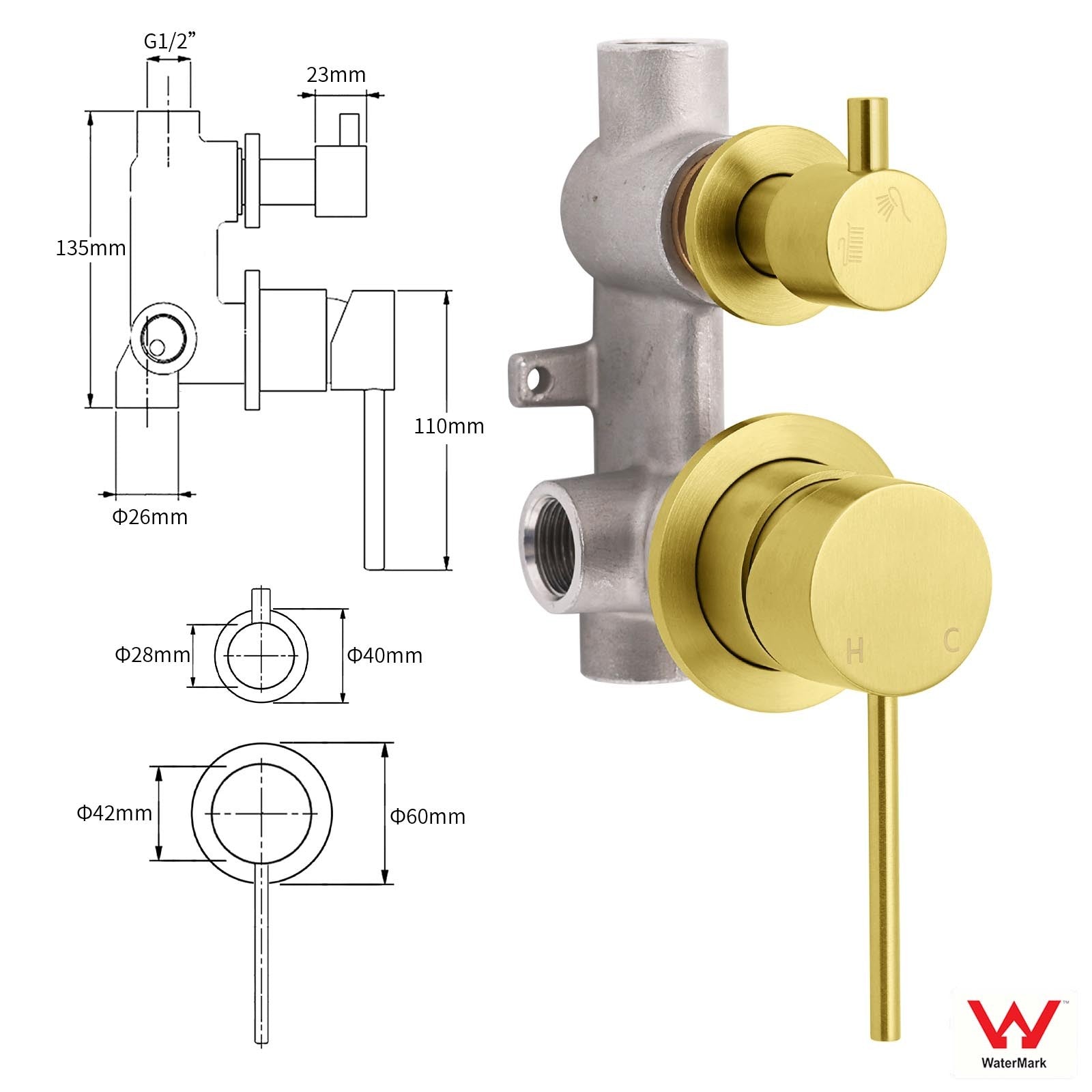 Concealed Round Brushed Gold Wall Shower Mixer 2 Way Diverter Valve For Bathroom