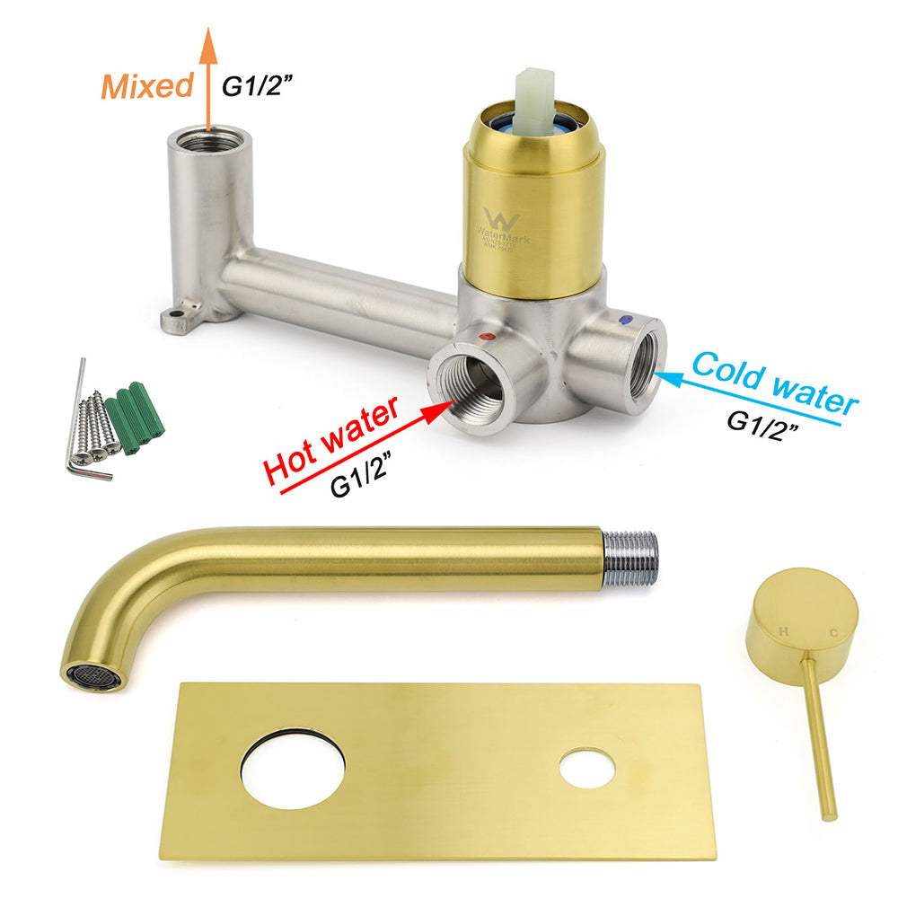 Brushed Gold Round Wall Mounted Basin Mixer Vanity Sink Tap Faucet Curve Spout