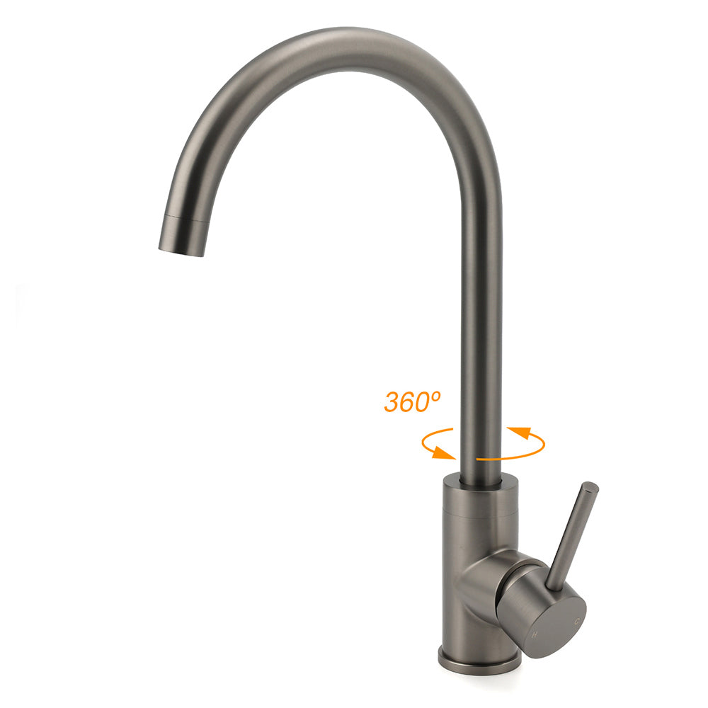 Gun Metal Round Kitchen Mixer Sink Tap 360Â° Swivel Laundry Basin Faucet Spout Set