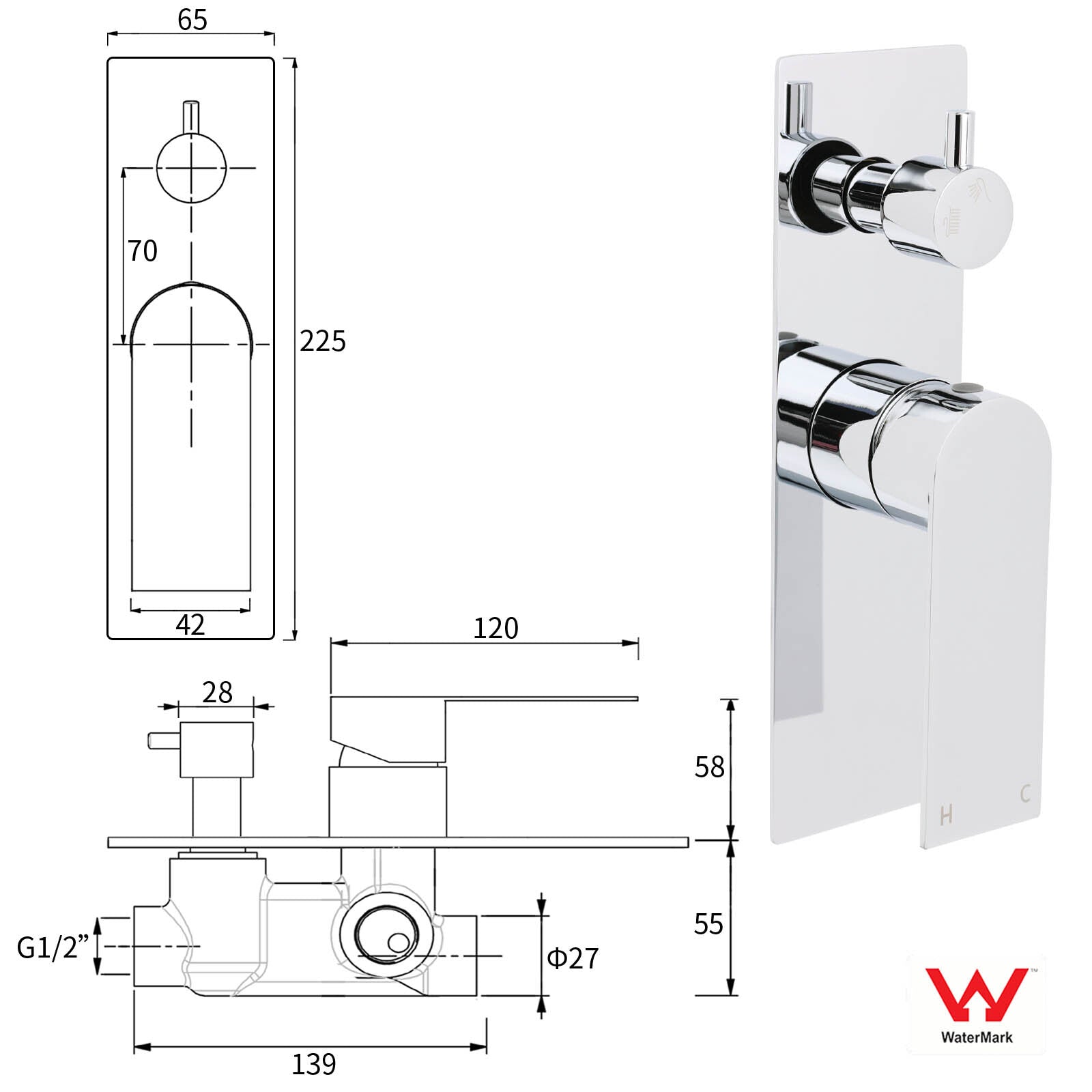 Watermark Chrome Square Shower Mixer Diverter Tap Valve For Shower Combo Spout