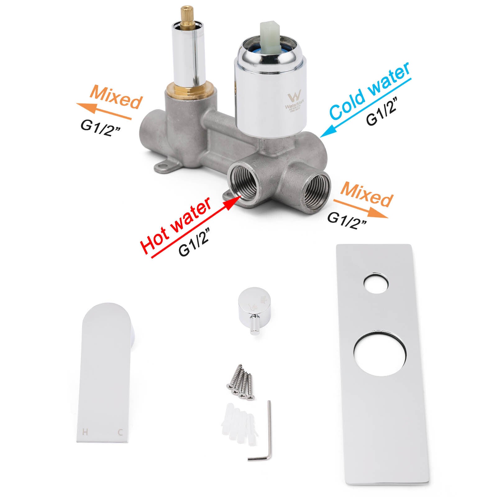 Watermark Chrome Square Shower Mixer Diverter Tap Valve For Shower Combo Spout