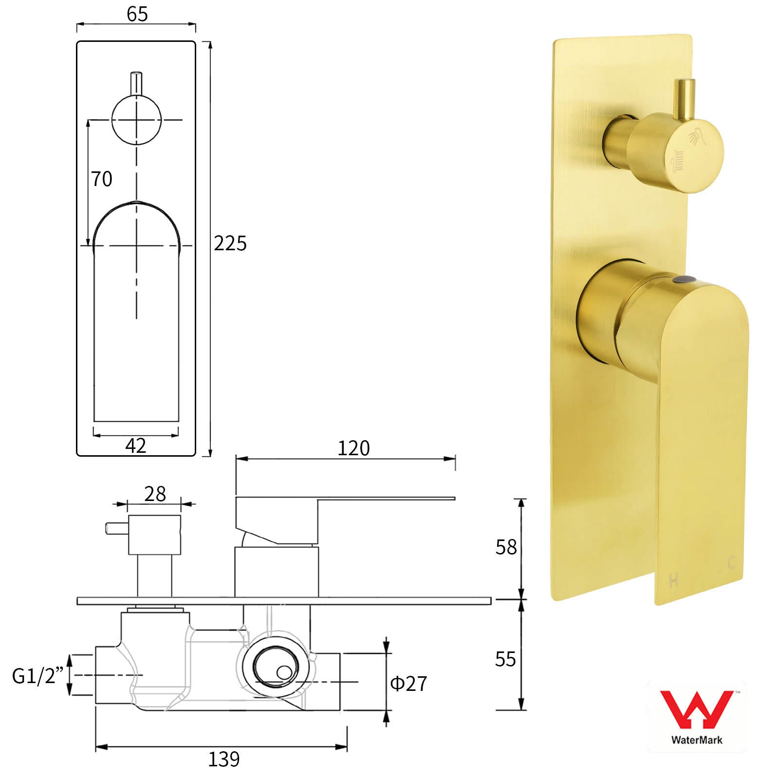 Brushed Gold Bathroom Square Concealed Shower Mixer Diverter Switch Wall Mounnt