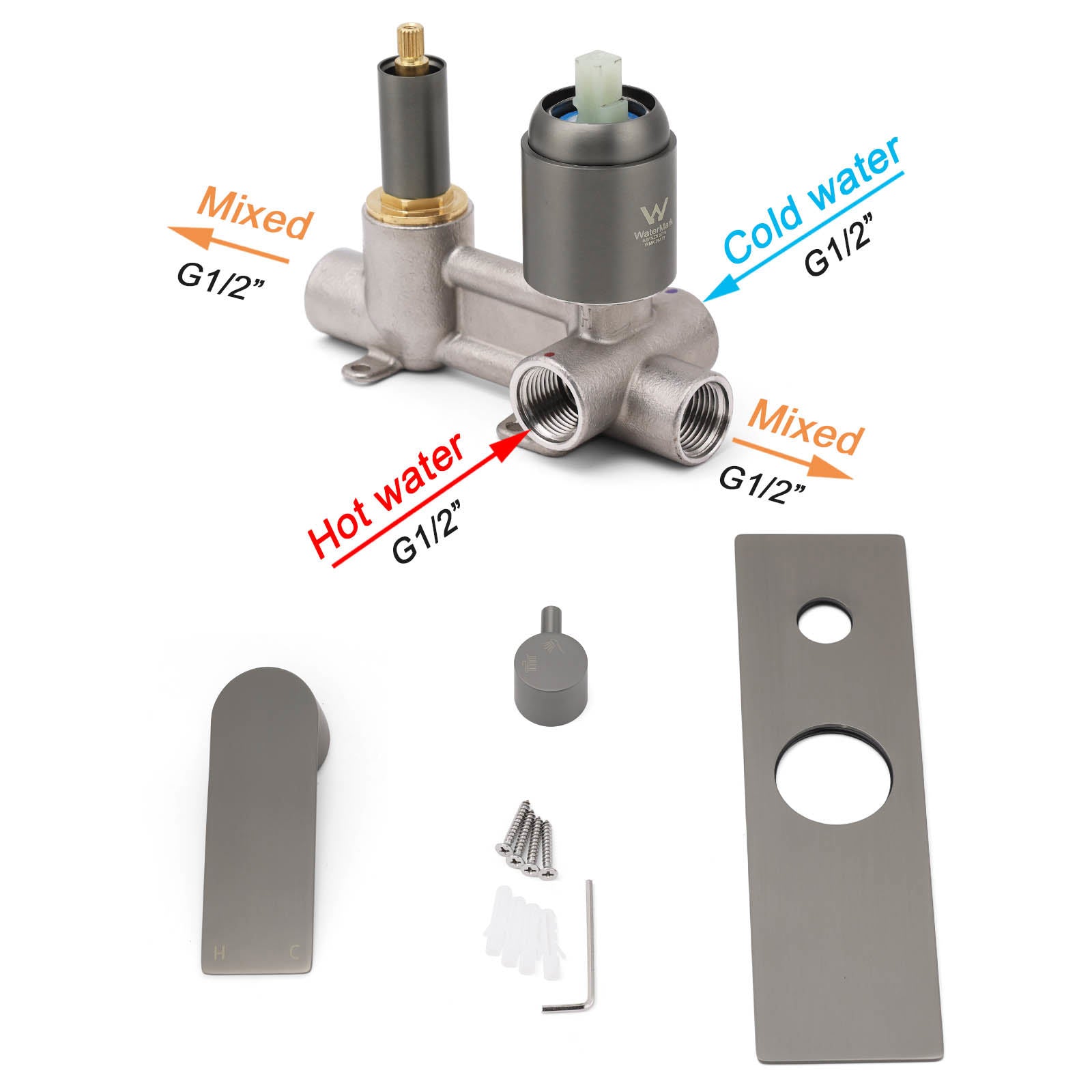 Gun Metal Grey Square Wall Mounted Shower Mixer Diverter 2 Ways Switch Valve Set