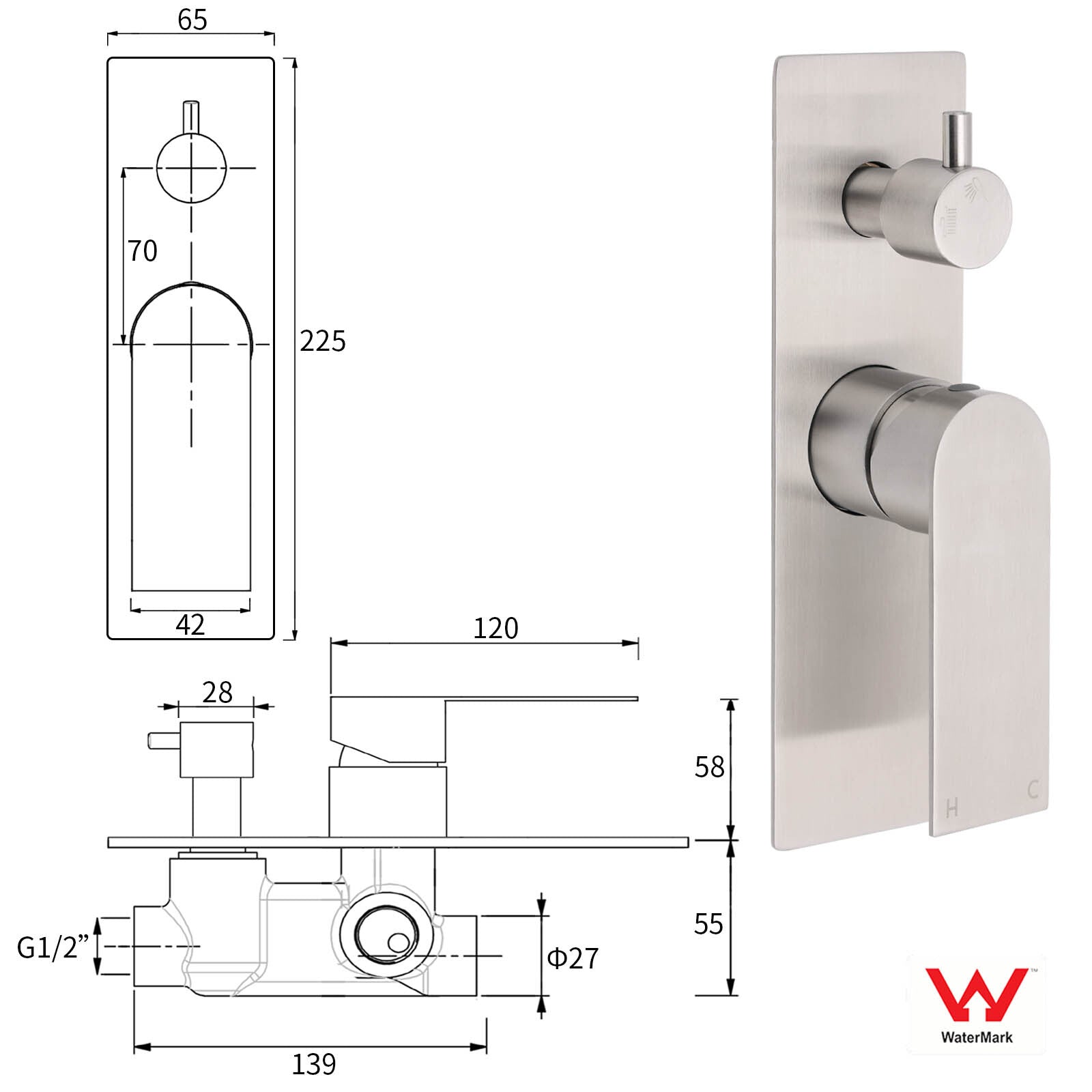 Brushed Nickel Silver Square Stylish 1/2inch Shower Mixer Diverter 2 Way Switch