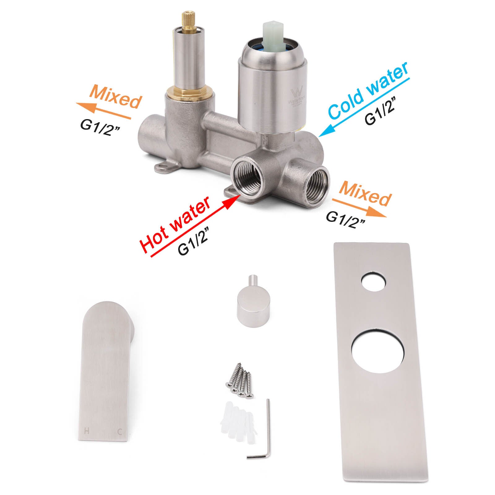Brushed Nickel Silver Square Stylish 1/2inch Shower Mixer Diverter 2 Way Switch