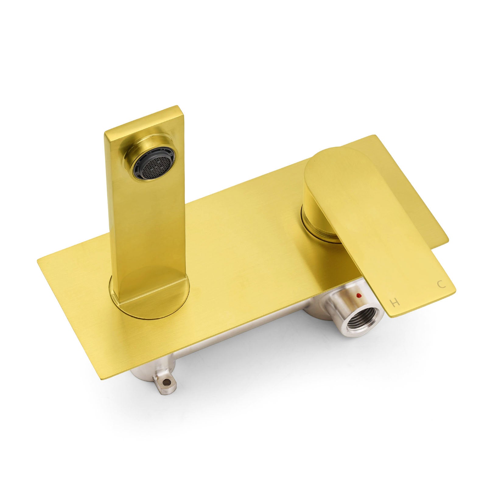 Brushed Gold Cubic Square Wall Mount Basin Mixer Laundry Tap Spout Vanity Faucet