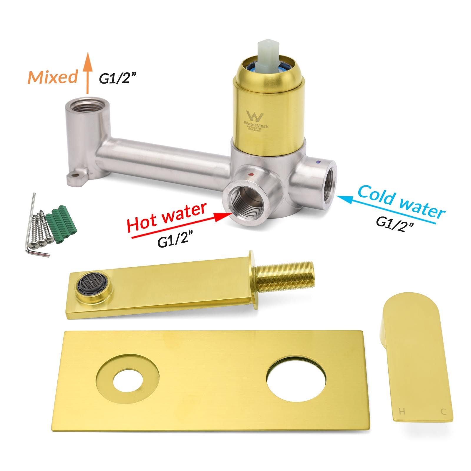 Brushed Gold Cubic Square Wall Mount Basin Mixer Laundry Tap Spout Vanity Faucet