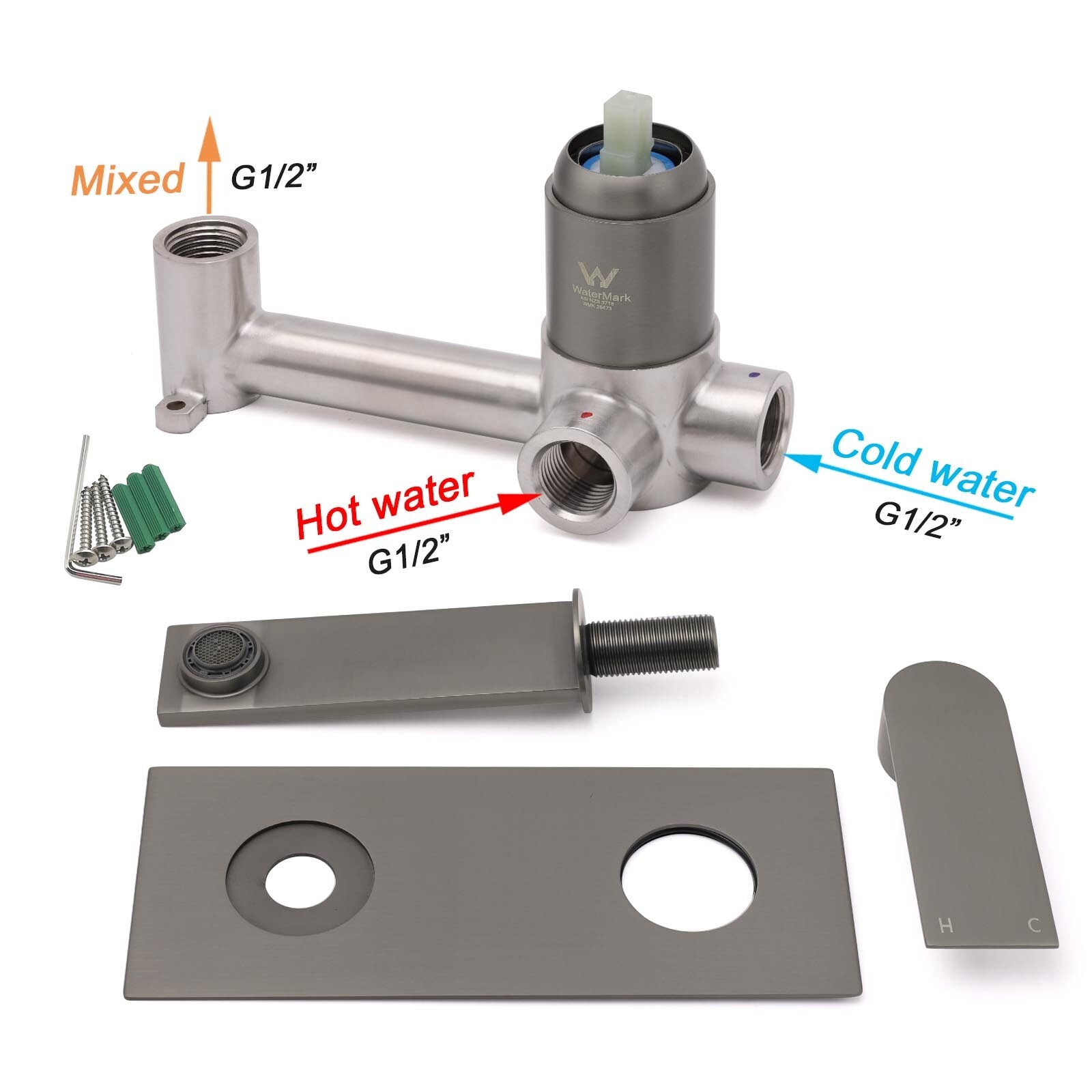 WELS 4.5L/m Gun Metal Square Wall Mount Basin Mixer Laundry Faucet Tap Spout Set