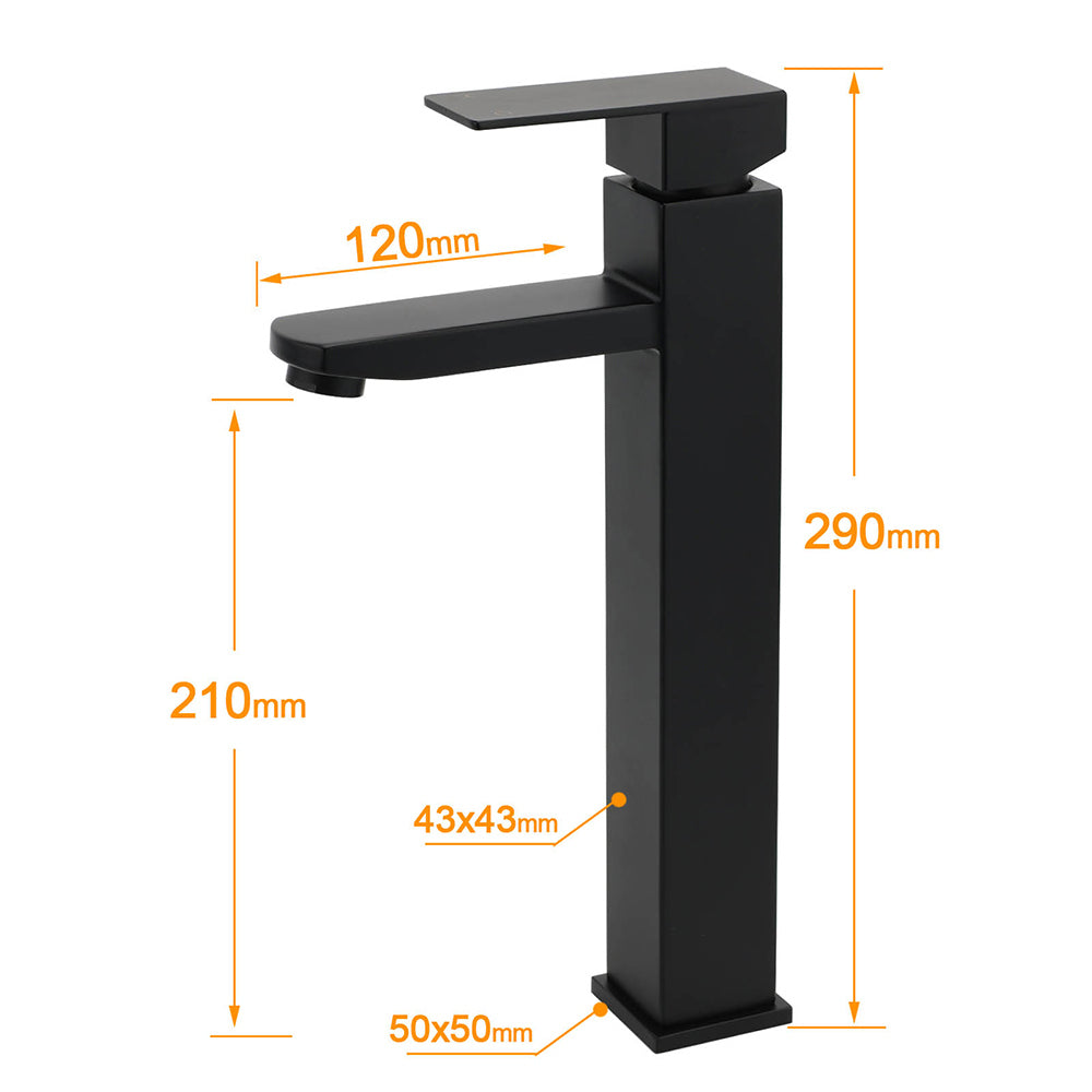 Matt Black Tall Square Basin Mixer Vanity Laundry Counter Sink Faucet Tap Outlet