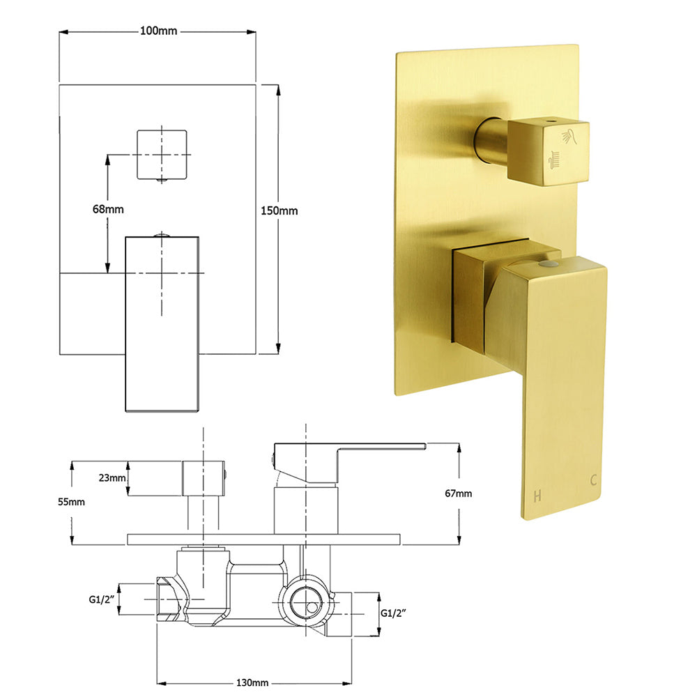 Shower Heads & Screens: Watermark 1/2 Inch Shower Mixer Diverter Brushed Gold Square Stainless Steel Set