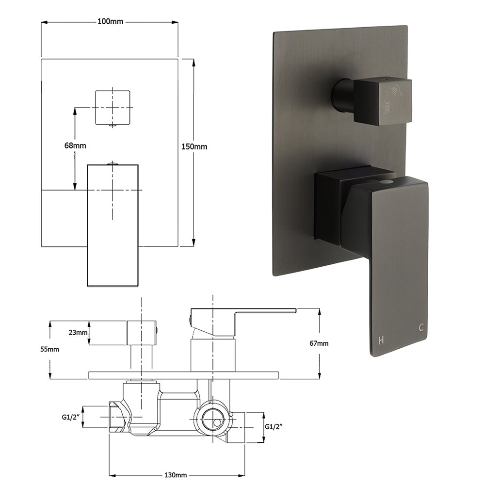 Shower Heads & Screens: Gun Metal Square Stainless Steel Bath Shower Mixer 2 Way Switch Diverter Watermark