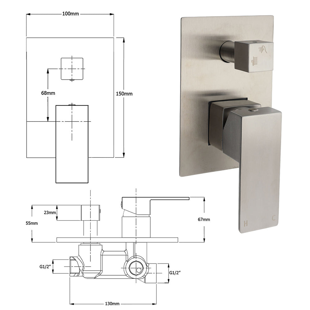 AU Standard 1/2 Inch Shower Mixer Diverter Brushed Nickel Square 2 Way Switch