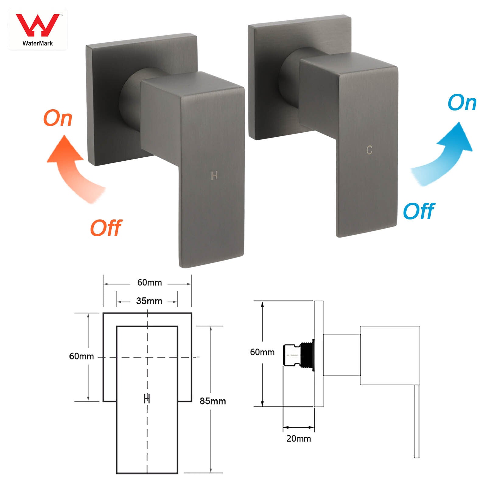 Gun Metal Grey Square 1/4 Quarter Turn Wall Twin Taps For Shower Basin Spout Set