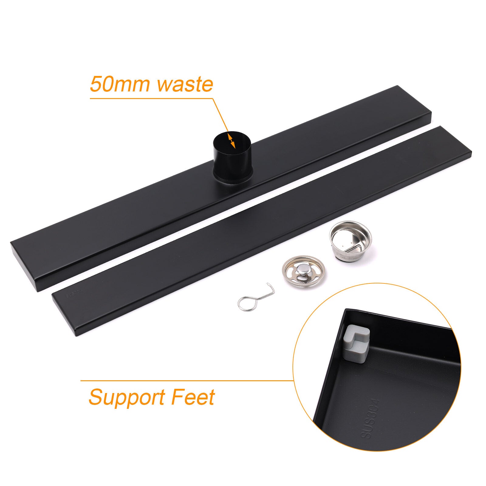 Matt Black 800mm Tile Insert Bathroom Floor Drain Shower Grate 50mm Outlet Waste