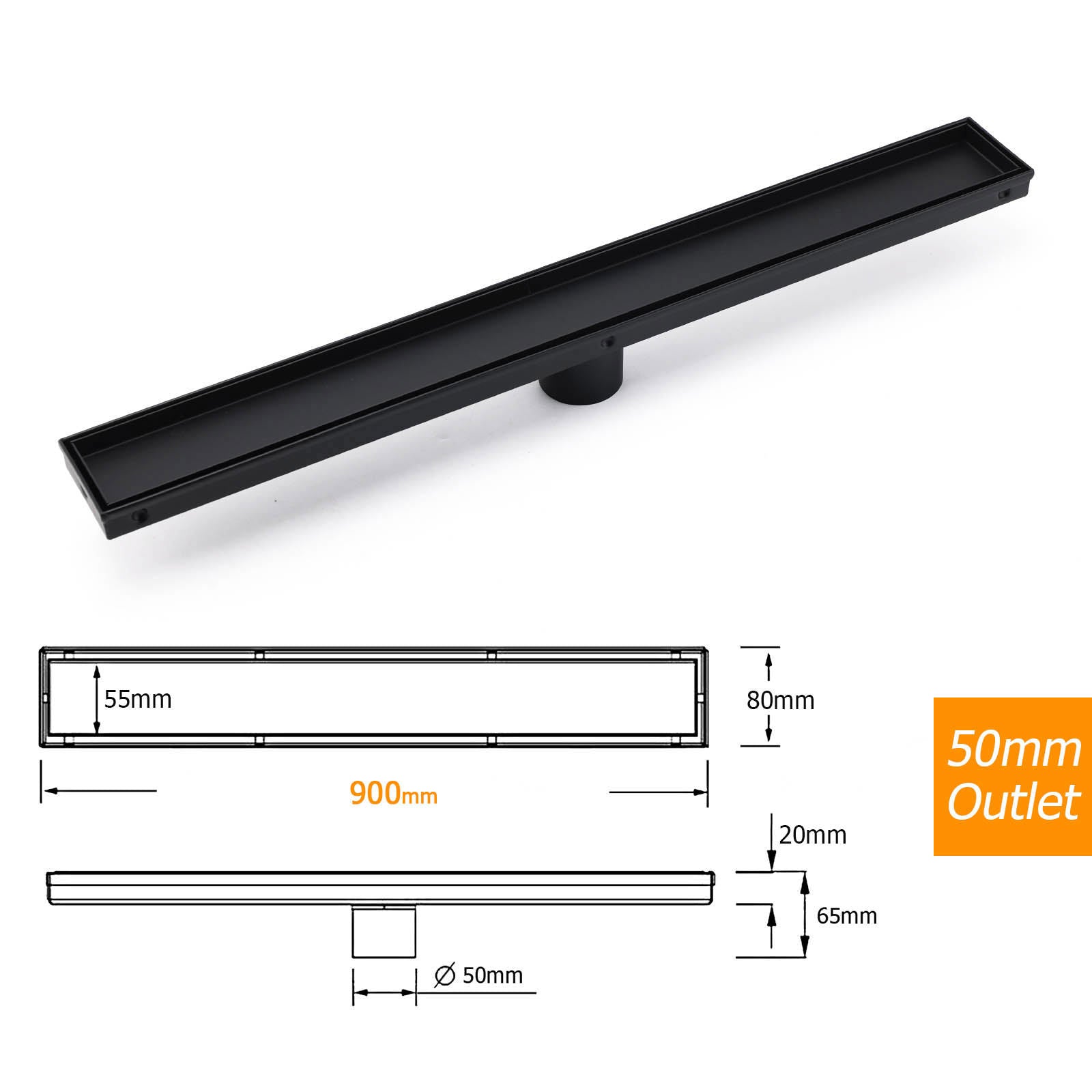 WaterMark Matt Black 900mm Tile Insert Shower Grate Floor Drain 50mm Flow Waste