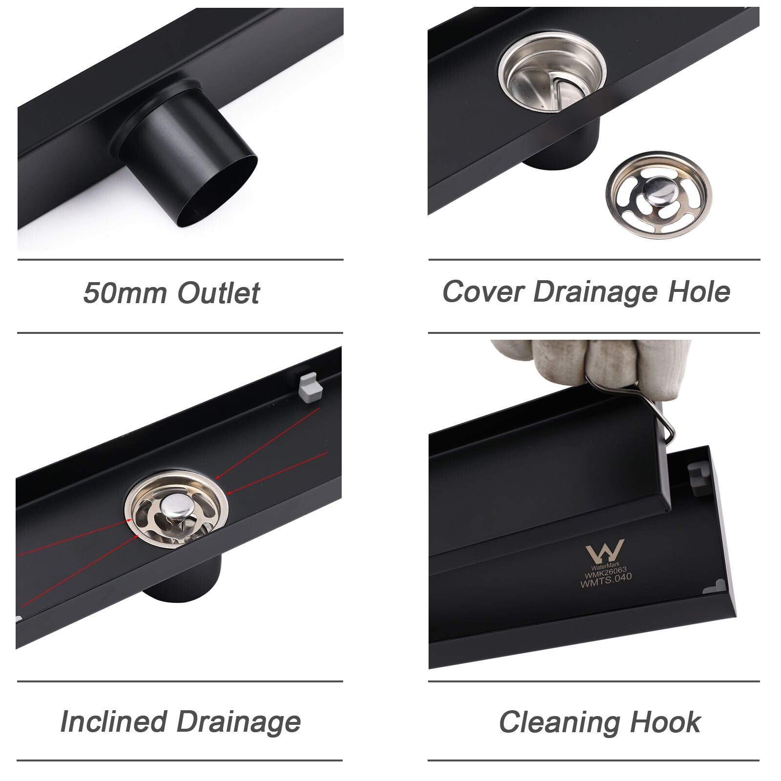 WaterMark Matt Black 900mm Tile Insert Shower Grate Floor Drain 50mm Flow Waste