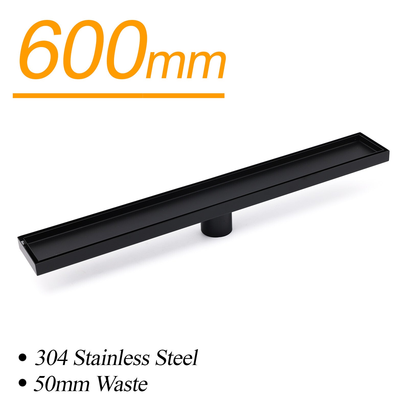 Matt Black 600mm Tile Insert Linear Shower Grate Floor Drain 50mm Waste Outlet