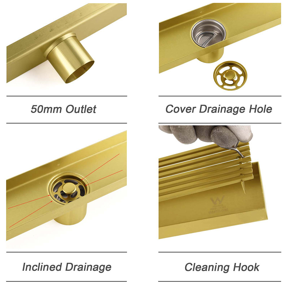 Shower Heads & Screens: Brushed Gold Bathroom 800mm Strip Fence Long Shower Grate Floor Drain 50mm Waste