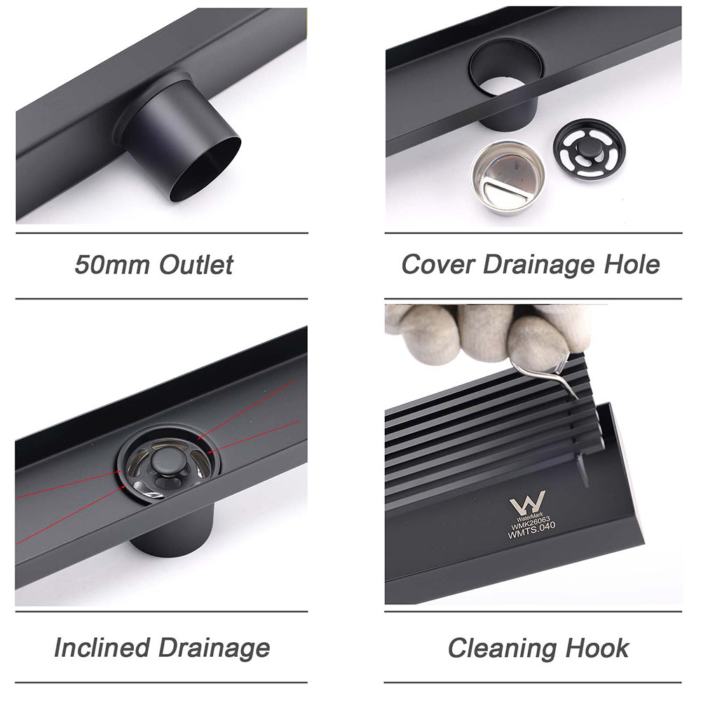 Shower Heads & Screens: Matt Black 800mm Strip Fence Shower Grate Floor Drain Central 50mm Waste Outlet