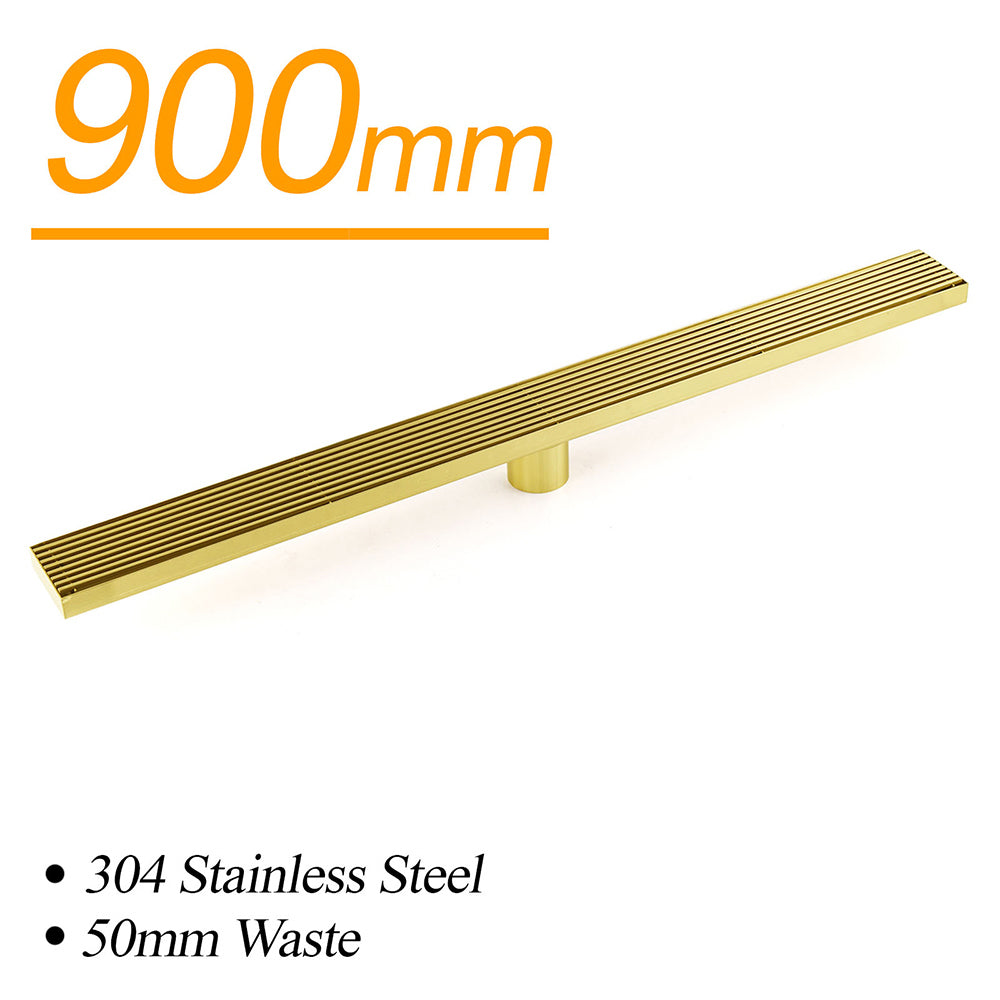 Brushed Gold SUS 900mm Strip Fence Bathroom Floor Shower Grate Drain 50mm Outlet