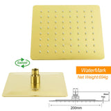 Shower Heads & Screens: WELS Brushed Gold 8" Square Rainfall Shower Head 400mm Long Straight Wall Arm Set