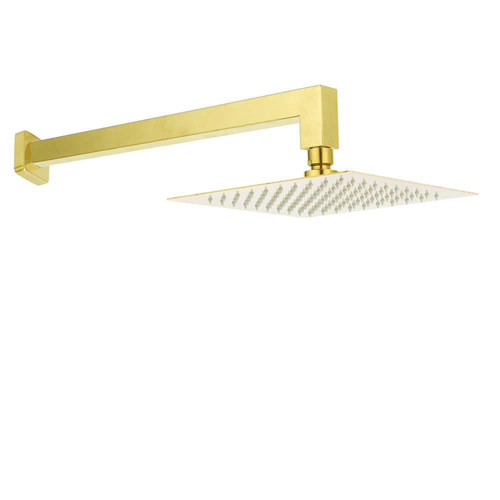 Shower Heads & Screens: WELS Brushed Gold 10" Square Thin Rain Shower Head 400mm Straight Wall Arm Set