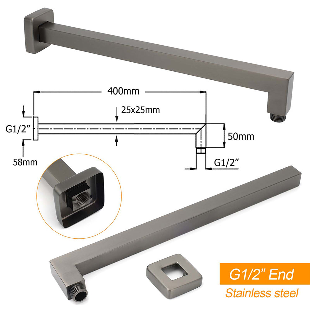 Gun Metal 12" Square Large Rainfall Shower Head 400mm Straight Wall Mounted Arm Set