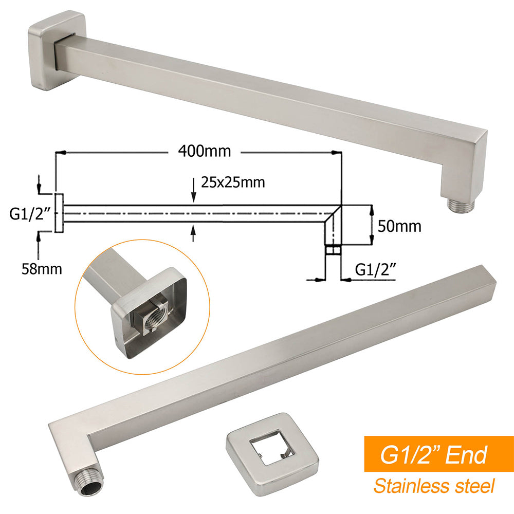 Brushed Nickel 10" Square Rainfall Shower Head + 400mm Straight Wall Mount Arm