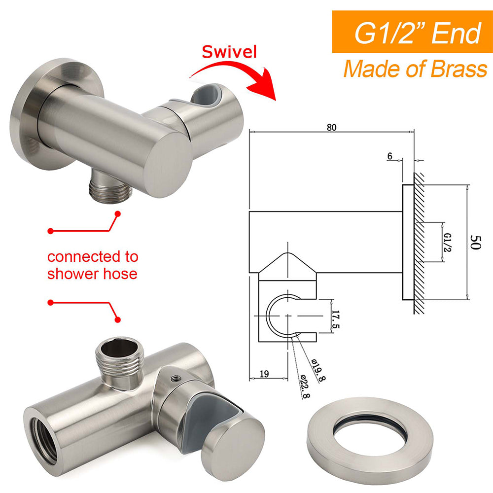 Brushed Nickel Water Inlet Handheld Shower Swivel Bracket Holder Wall Elbow Connector