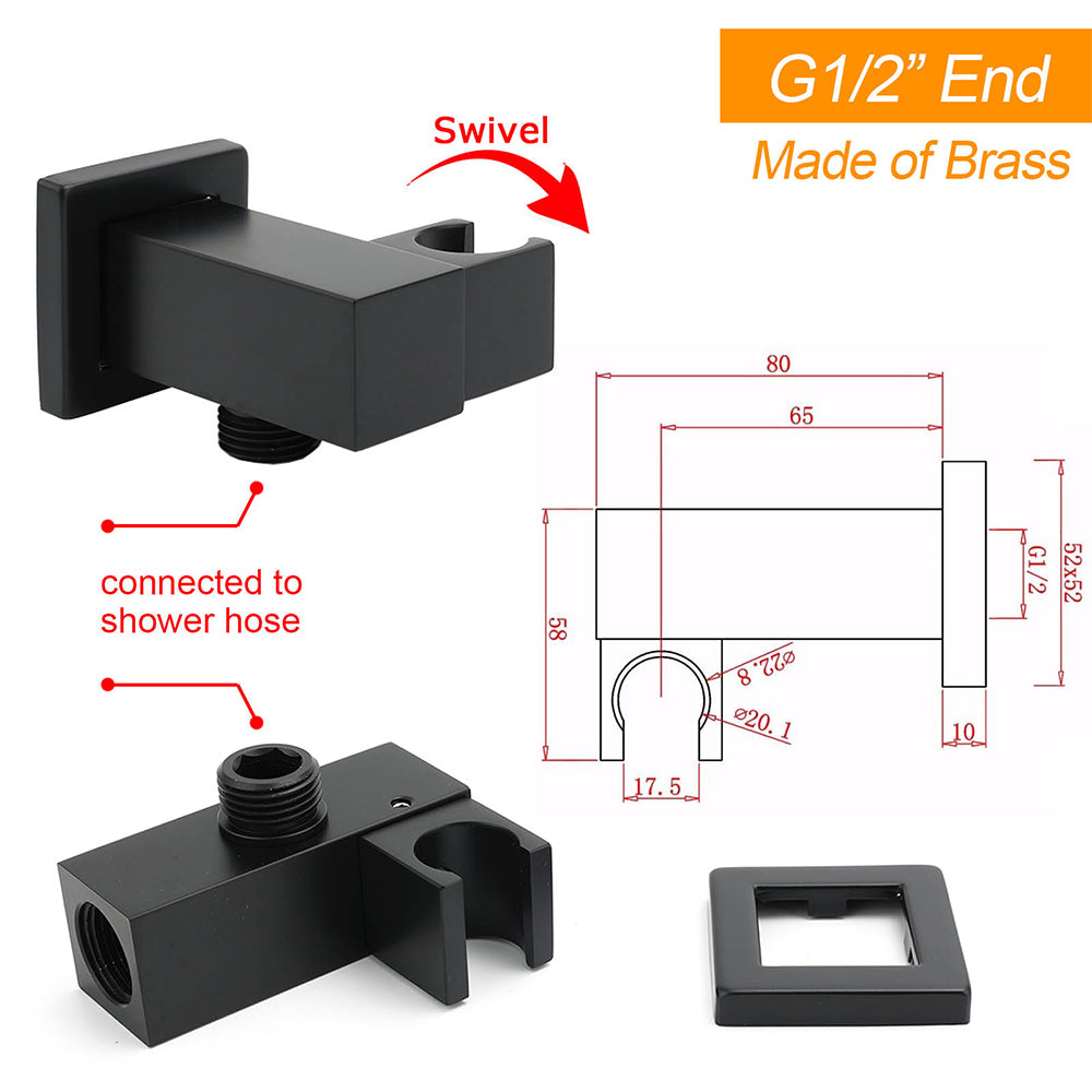 Shower Heads & Screens: Matt Black Square Water Inlet Shower Head Bracket Adjustable Holder Wall Elbow Connector