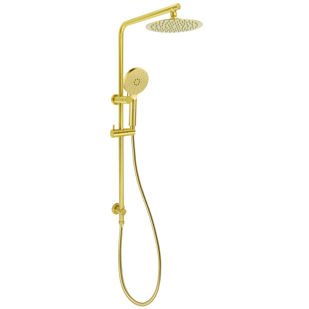 Shower Heads & Screens: Brushed Gold Twin Shower Set Sliding Rail Arm 8" Round Head 3 Modes Handheld