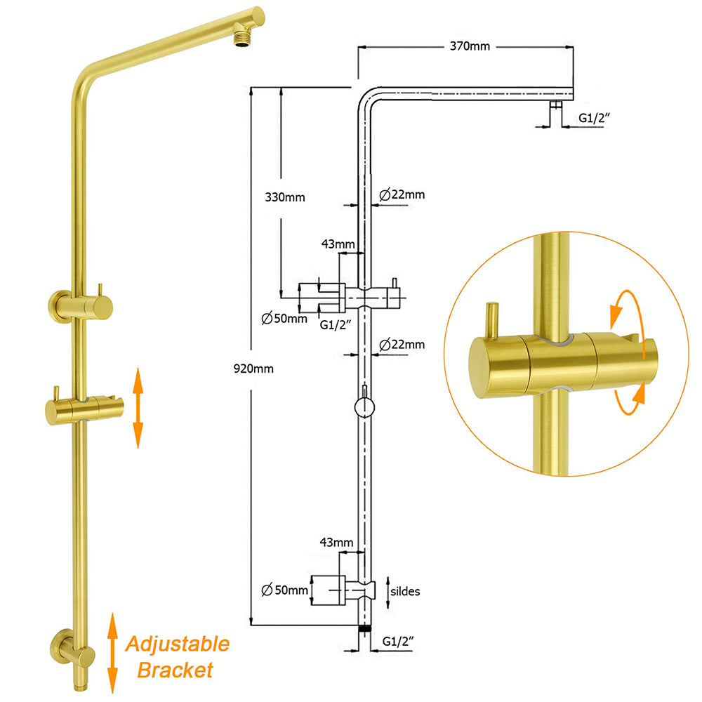 Shower Heads & Screens: Brushed Gold Twin Shower Set Sliding Rail Arm 8" Round Head 3 Modes Handheld