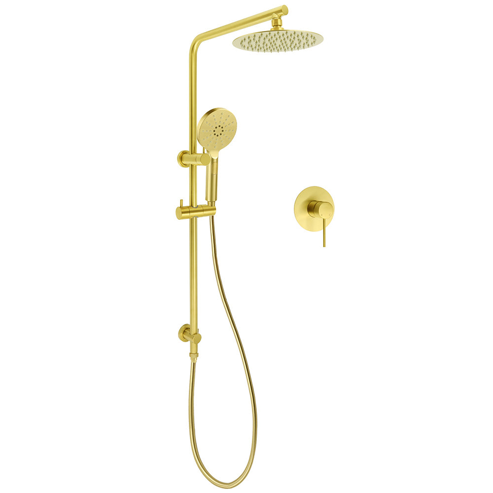 Shower Heads & Screens: Brushed Gold Twin Shower Set 8" Round Head 3 Modes Handheld Sliding Rail Arm + Mixer