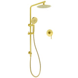 Shower Heads & Screens: Brushed Gold Twin Shower Set 8" Round Head 3 Modes Handheld Sliding Rail Arm + Mixer