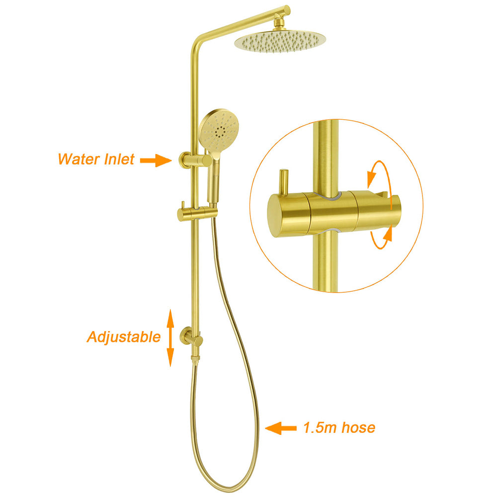 Shower Heads & Screens: Brushed Gold Twin Shower Set 8" Round Head 3 Modes Handheld Sliding Rail Arm + Mixer
