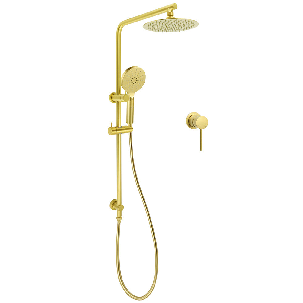 Shower Heads & Screens: WELS Brushed Gold Twin Shower Set 8" Round Head 3 Modes Handheld Sliding Rail Arm Small Face Mixer
