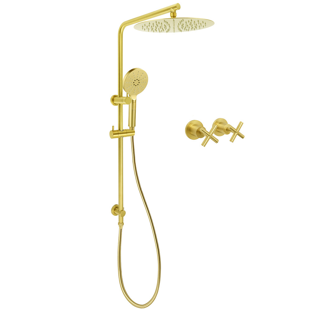Shower Heads & Screens: WELS Brushed Gold Twin Shower Large Round 12" Rain Head Handheld Silde Wall Rail Arm Stylish Mixer