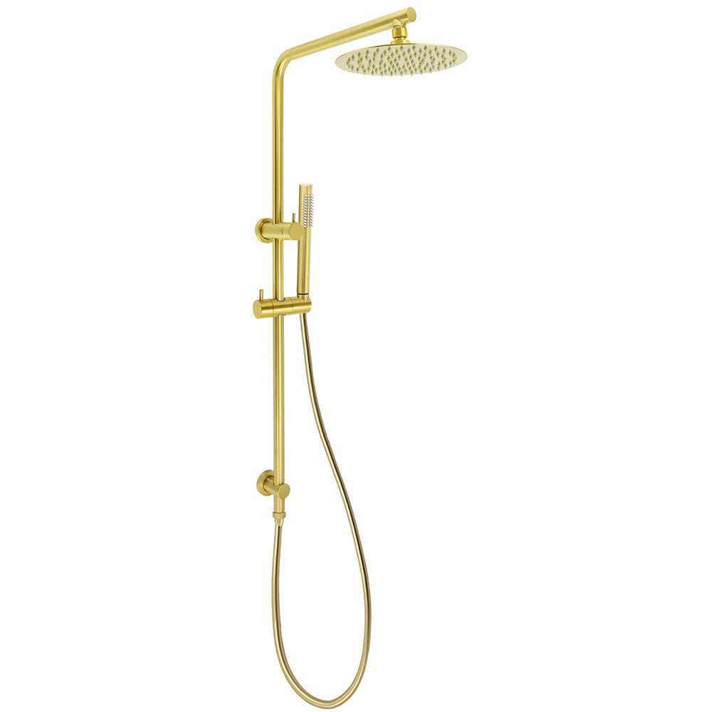 Shower Heads & Screens: Brushed Gold Twin Shower Set Sliding Rail Arm 8" Round Head Stainless Steel Handheld Rose Combo