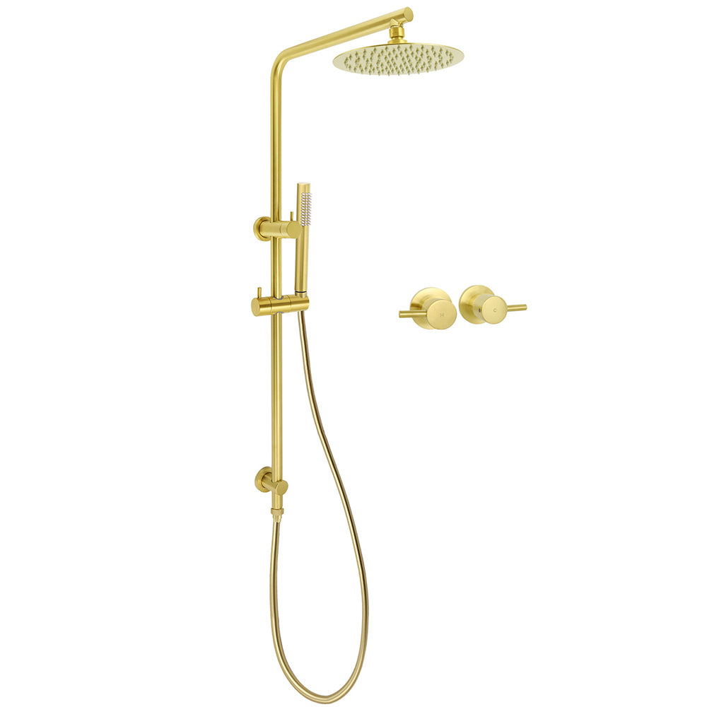 Shower Heads & Screens: Brushed Gold 2in1 Shower Set 8" Round Head Stainless Steel Handheld Sliding Rail Arm + Twin Taps