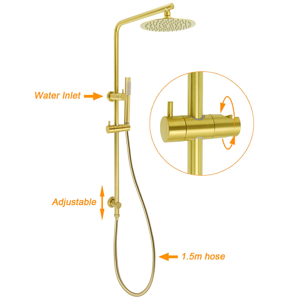 Shower Heads & Screens: Brushed Gold 2in1 Shower Set 8" Round Head Stainless Steel Handheld Sliding Rail Arm + Twin Taps