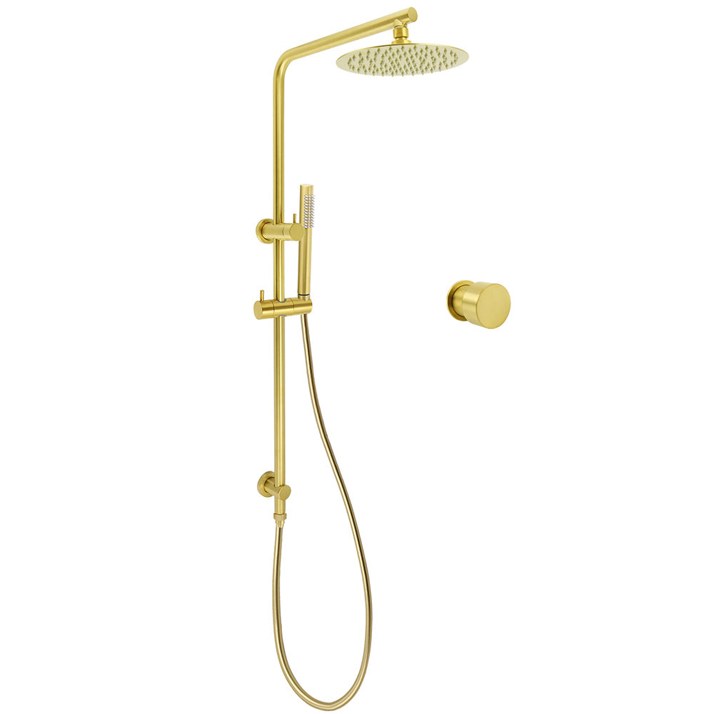 Shower Heads & Screens: Brushed Gold Twin Shower Set 8" Round Head Single Mode Metal Handheld Sliding Rail Arm Mixer Valve