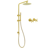 Shower Heads & Screens: Brushed Gold Twin Shower Set 8" Round Head One Mode Handheld Sliding Rail Arm Classic Mixer