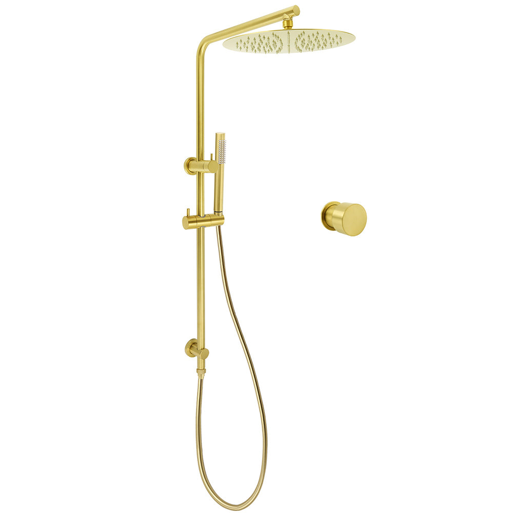 Shower Heads & Screens: Brushed Gold Twin Shower Large Round 12" Rain Head Metal Rose Silde Wall Rail Arm Mixer Valve