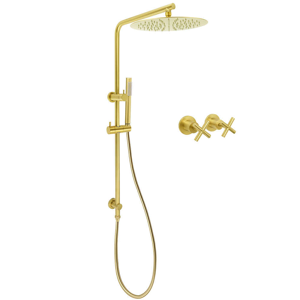 Shower Heads & Screens: WELS Brushed Gold Twin Shower Large Round 12" Rain Head Metal Handheld Silde Wall Rail New Luxury Mixer