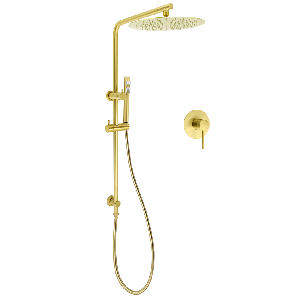 Shower Heads & Screens: WELS Brushed Gold Twin Shower Large Round 12" Rain Head Handheld Rose Silde Wall Rail Arm Mixer