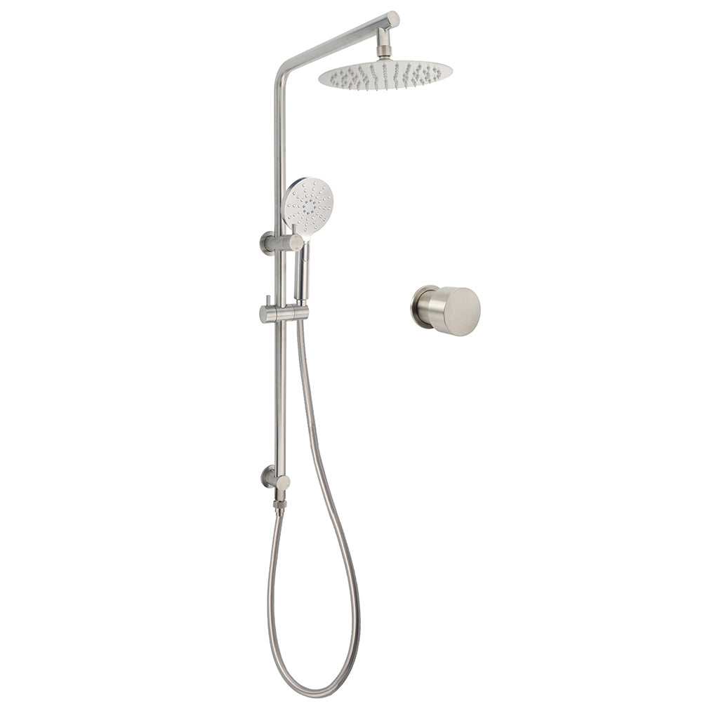 Shower Heads & Screens: Brushed Nickel Dual Shower Set Sliding Rail Arm 8" Round Head Handheld 1/4 Turn Mixer Valve