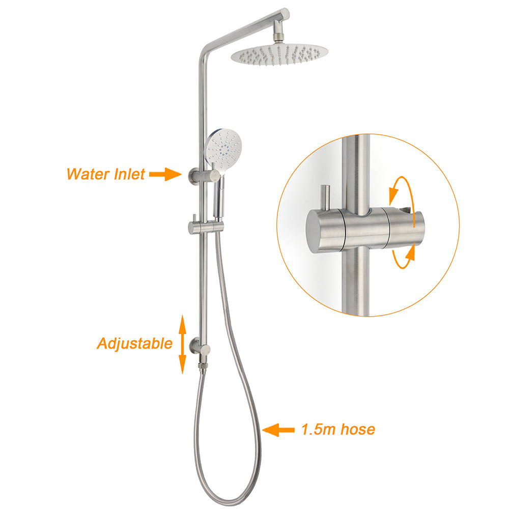 WELS Brushed Nickel 2in1 Shower Set Sliding Rail Arm 8" Round Head Handheld Small Face Mixer