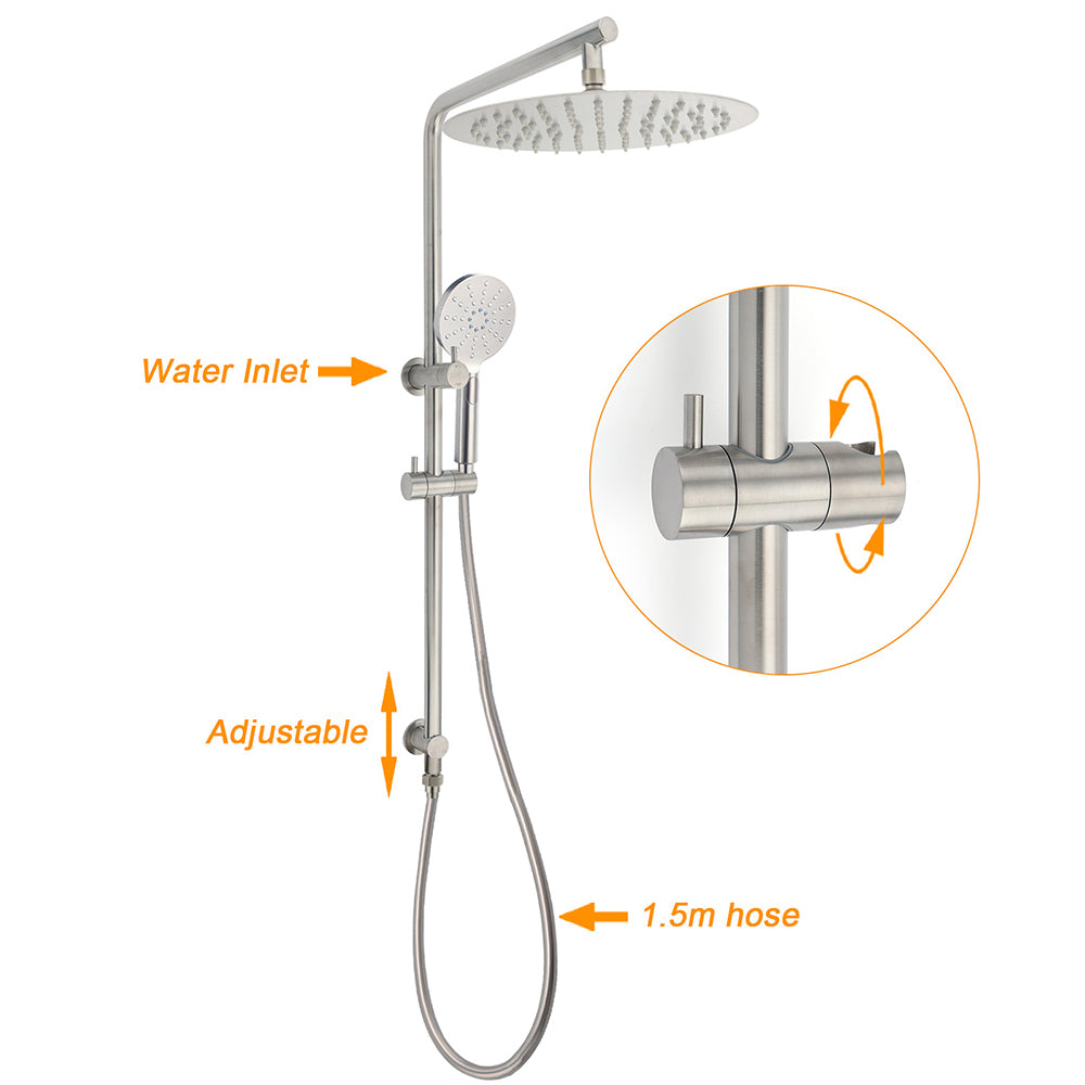 Shower Heads & Screens: WELS Brushed Nickel Dual Shower Set Sliding Rail Arm 12" Round Head Handheld 2 Way Diverter
